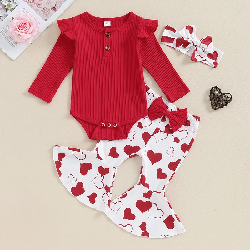 

Baby Girls Valentine’s Day Outfits Long Sleeve Romper + Heart Flare Pants + Headband Set Infant Clothes