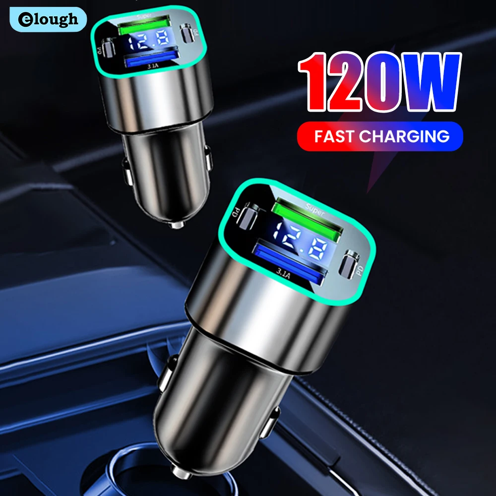 Phone Charger Car Charger Car Phone Charger 120W Dual USB Car Charger Lighter Quick Charge 3.0 Fast Charging LED Display Type C for Huawei Xiaomi Samsung