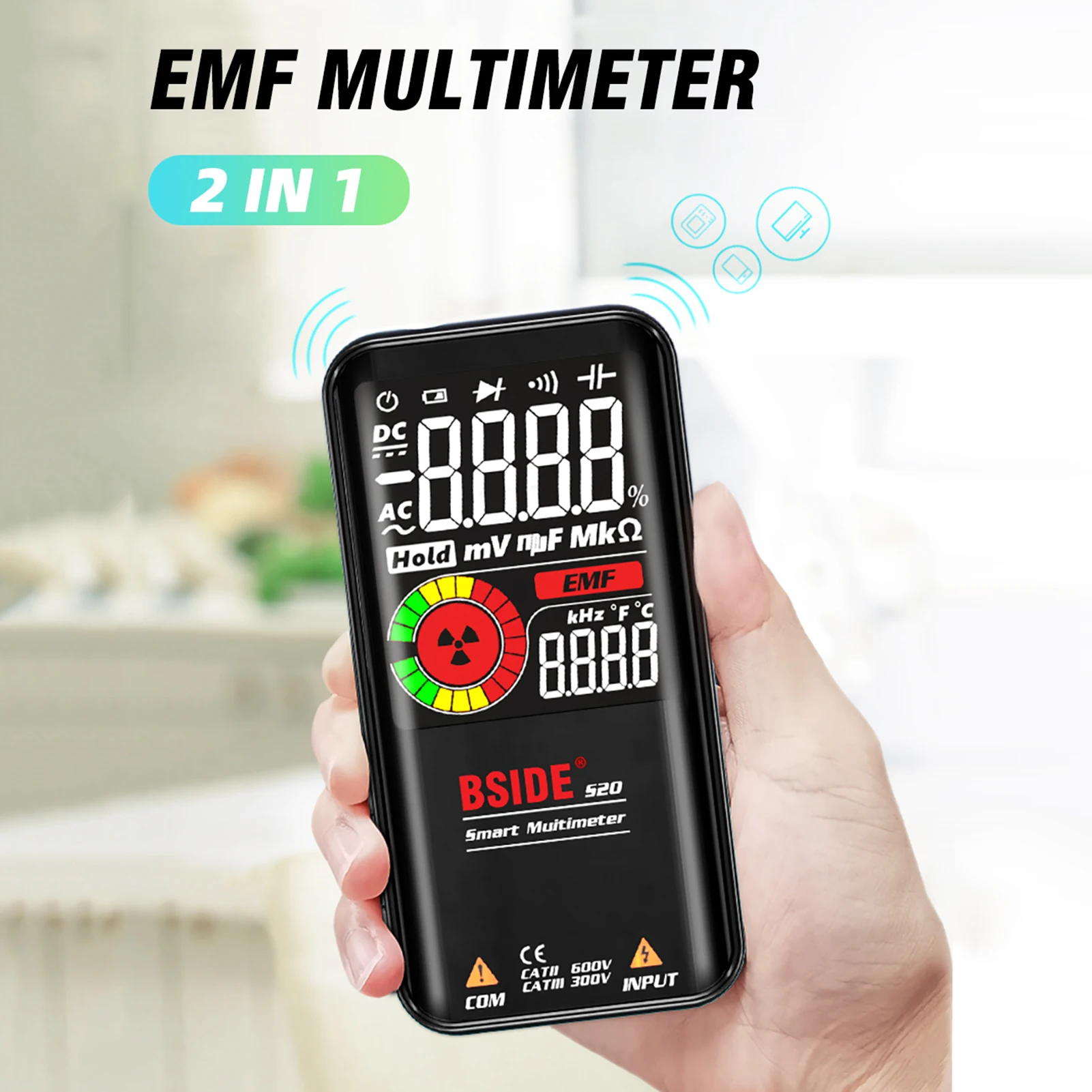 BSIDE S20 EMF Multimeter Electromagnetic Radiation Detector 3.5-inch Colored Display 9999 Counts Auto Range Rechargeable Meter
