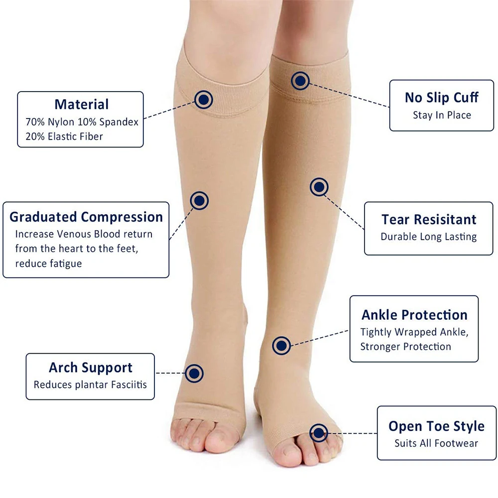1Pair Sports Calf Compression Socks 20-30 MmHg Knee High Support Stockings Open Toe for Pregnancy, Varicose Veins, Running
