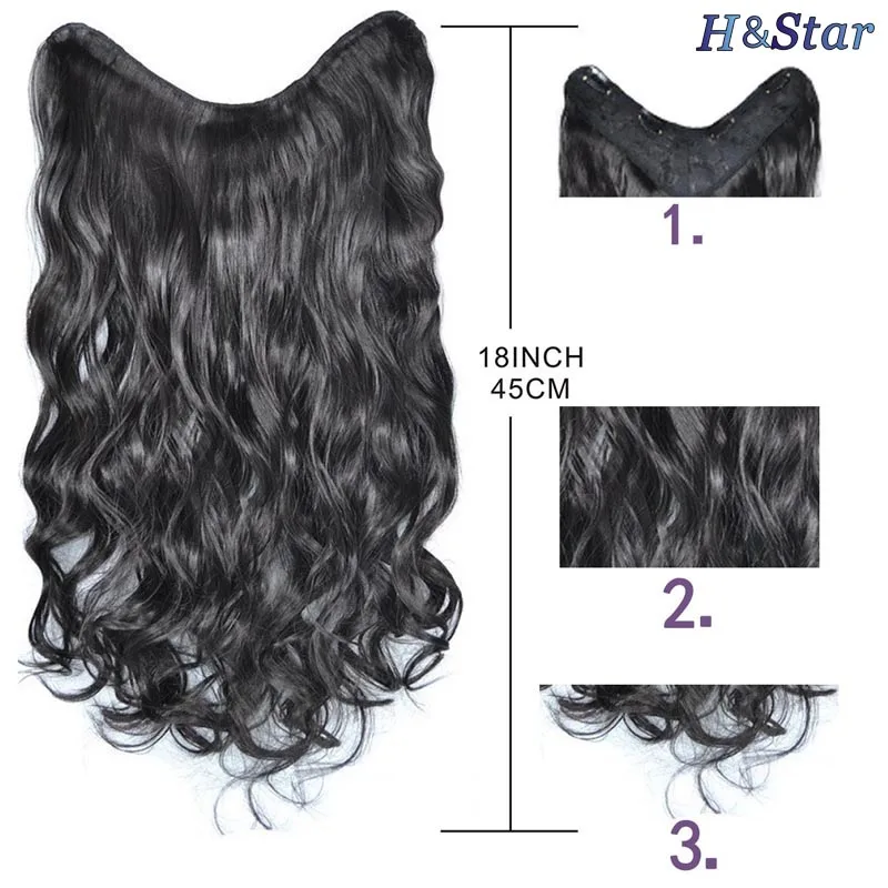 H&STAR 18Inch Long Synthetic Curly Wavy 4Clip One Piece V-shaped Clip in Hair Extensions Black Brown  Hairpieces for Women