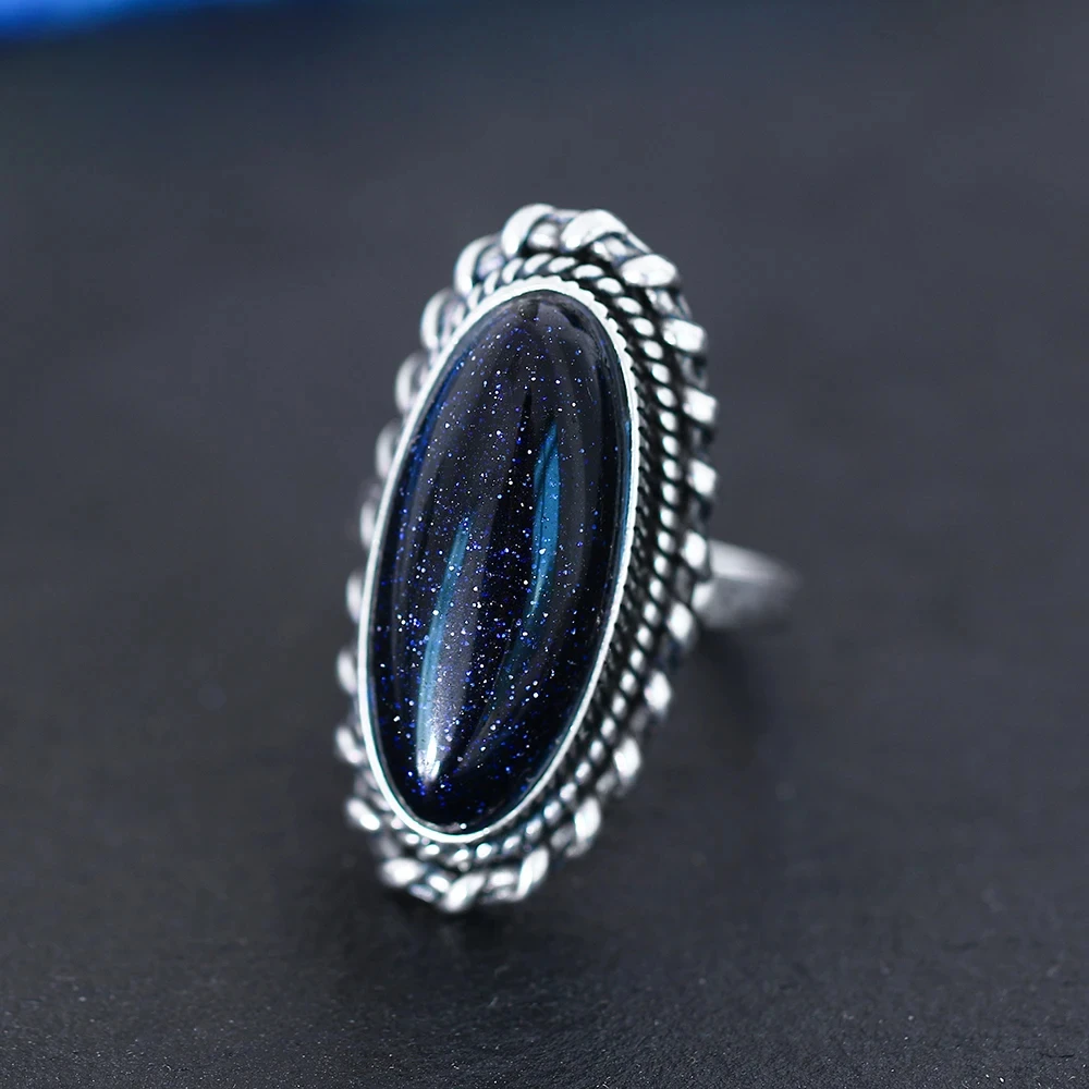 Retro-Silberring, Schmuck, Vintage-Stil, blauer Sandstein, großer Stein, luxuriöser eleganter Ring, feine Geschenkringe für Damen und Herren