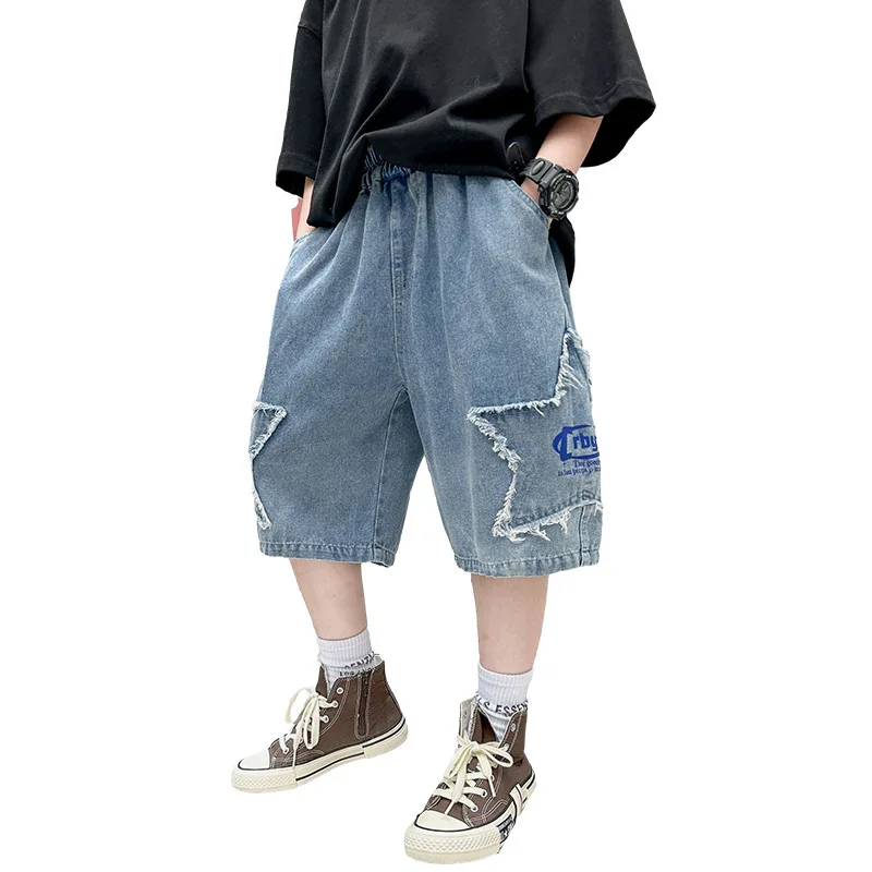 Fashion Denim Shorts For Boys Teenager Kids Elastic Waist Cargo Jean Short Pants With Pocket For Children's Age 5-14 Years Old
