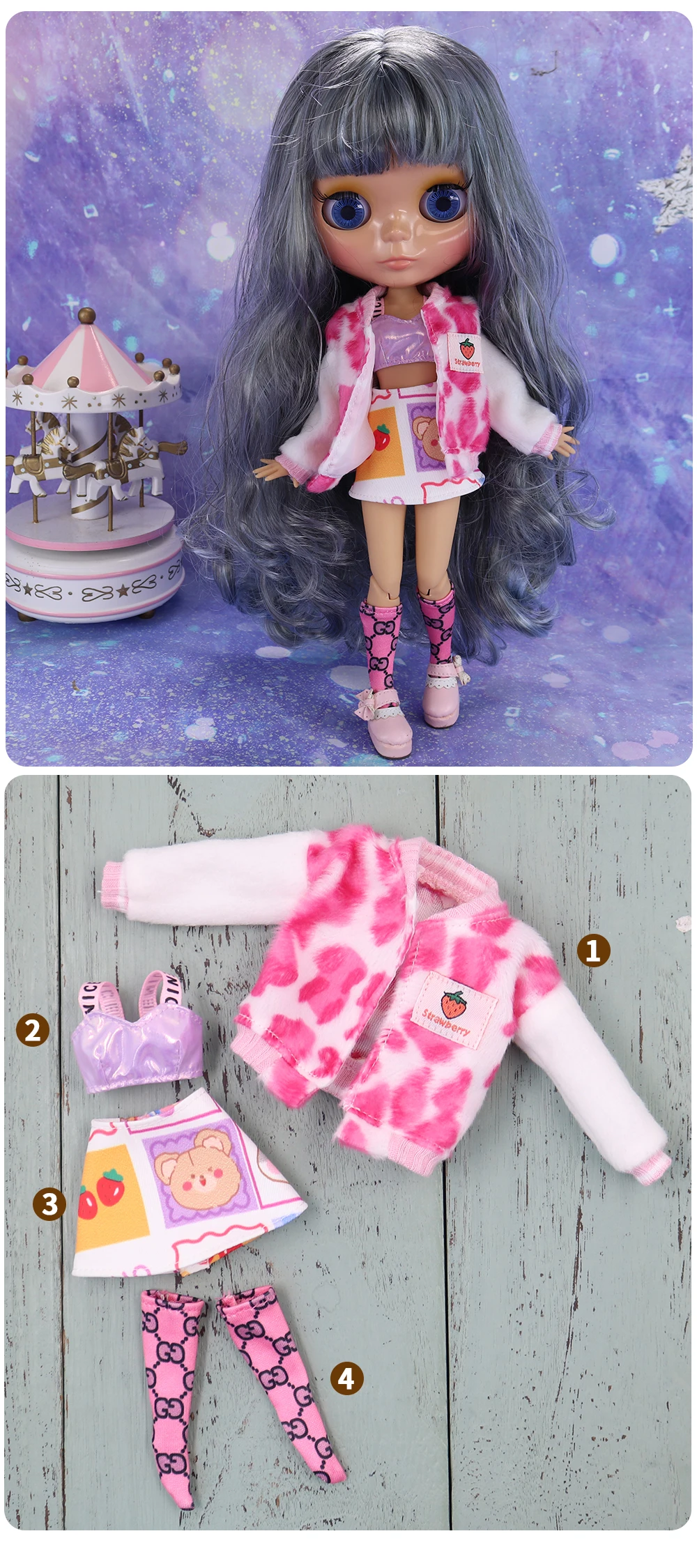 Neo Blythe Doll Strawberry Outfit with Coat & Socks 3