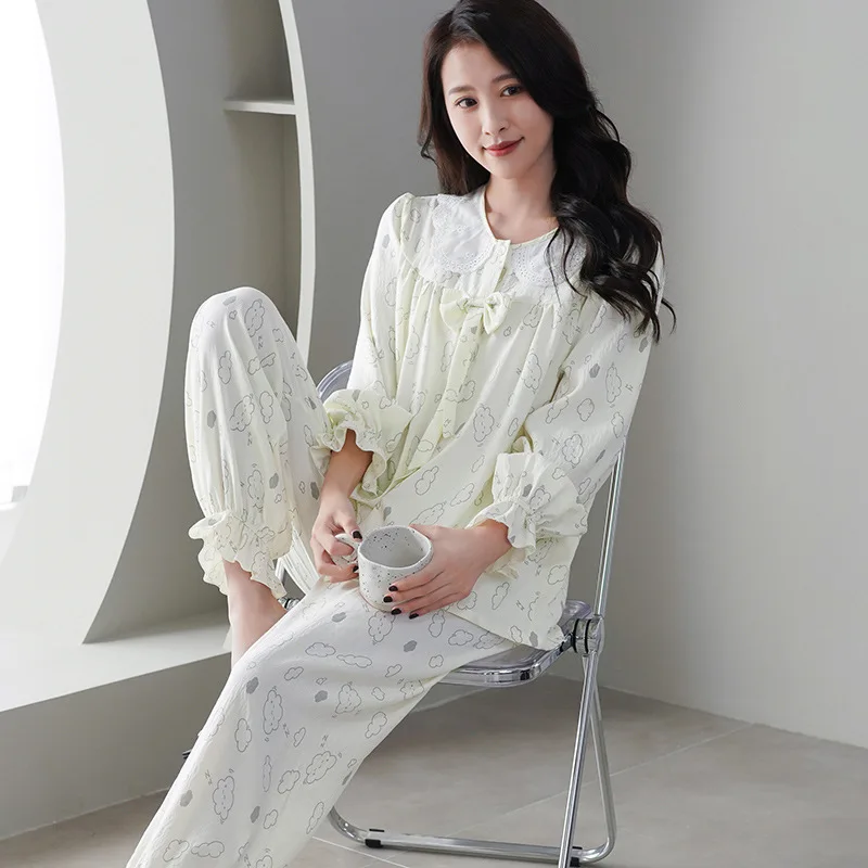 Princess Style Bow Costume Spring New Cloud Cotton Pajamas Long Sleeve Pants Two-piece Set Sweet Home Furnishings Wear for Women