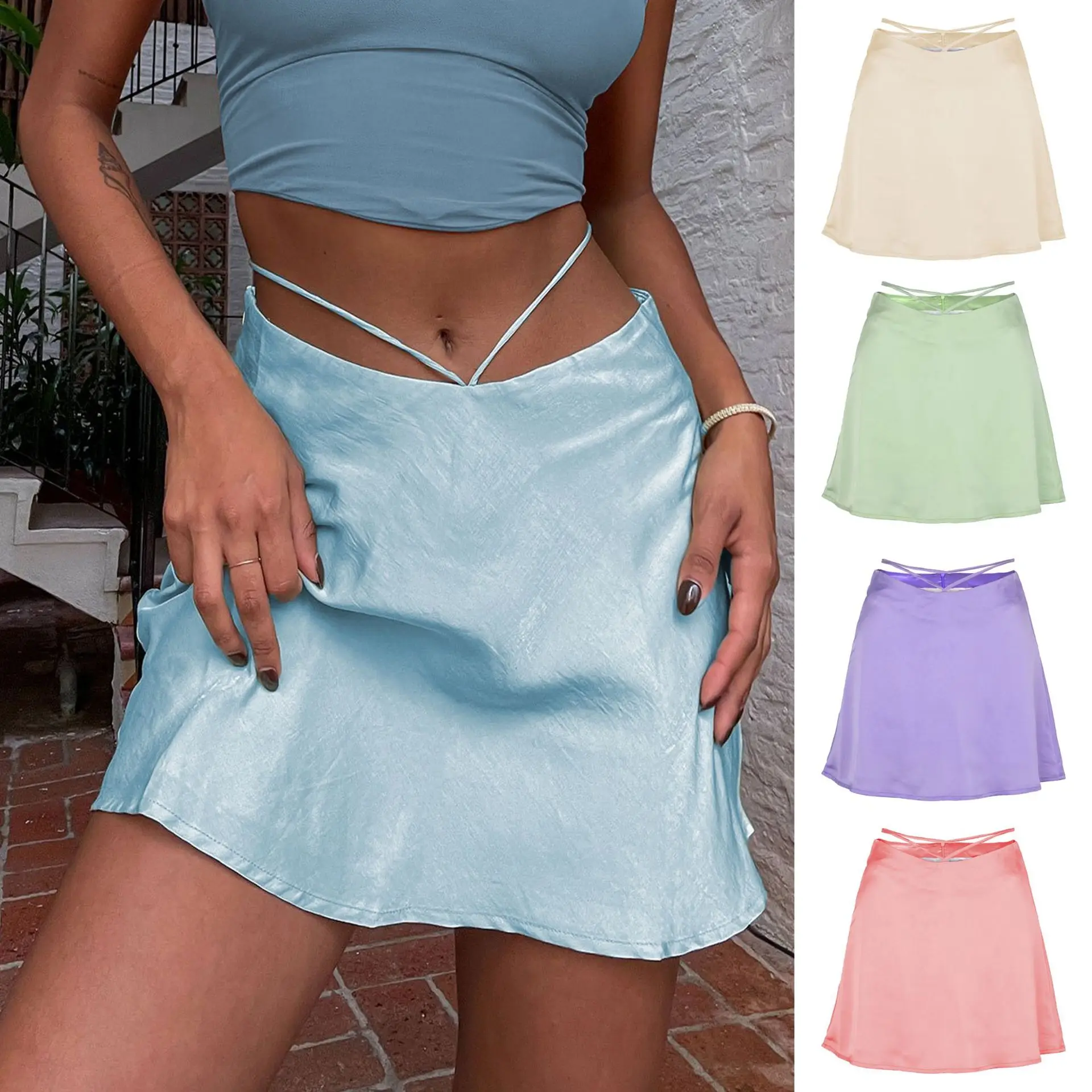 Mini Skirt 2022 New Solid Color Sexy Satin Skirt Fashion Navel Tie Zipper Short Skirt Ladies Skirt reflective parkas women 2022 winter quilted cotton coat turtleneck night running fluffy soft zipper short crop top streetwear