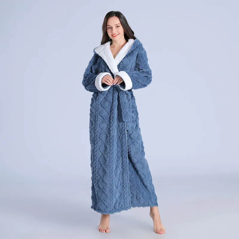 Thick Women Warm Bathrobe Solid Hooded Warm Ladies Dressing Gown Long Sleeve Fleece Pockets Flannel Bath Robe For Female