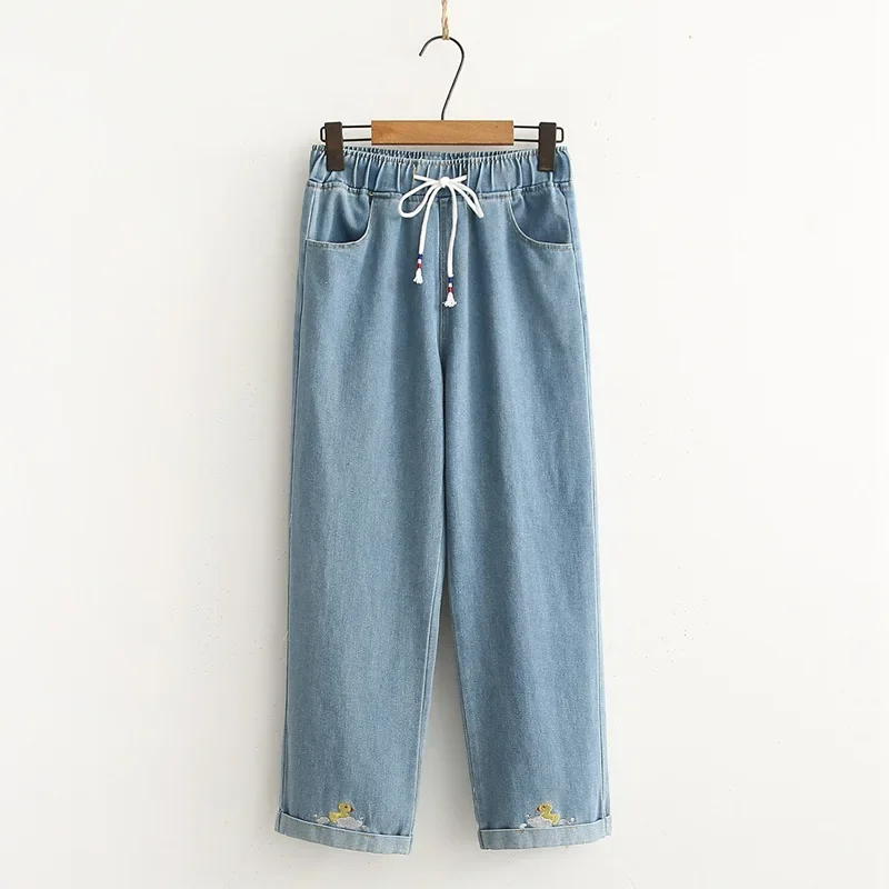 Cartoon Duck Embroidered Jeans Wide Leg Women's Casual Drawstring Elastic Waist Pants