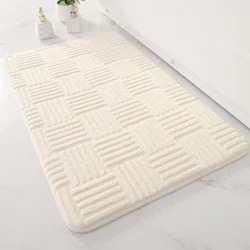 Plush Non-Slip Absorbent Striped Floor Mat - Solid Color Velvet Carpet for Bathroom, Bedroom, and Entryway (White)