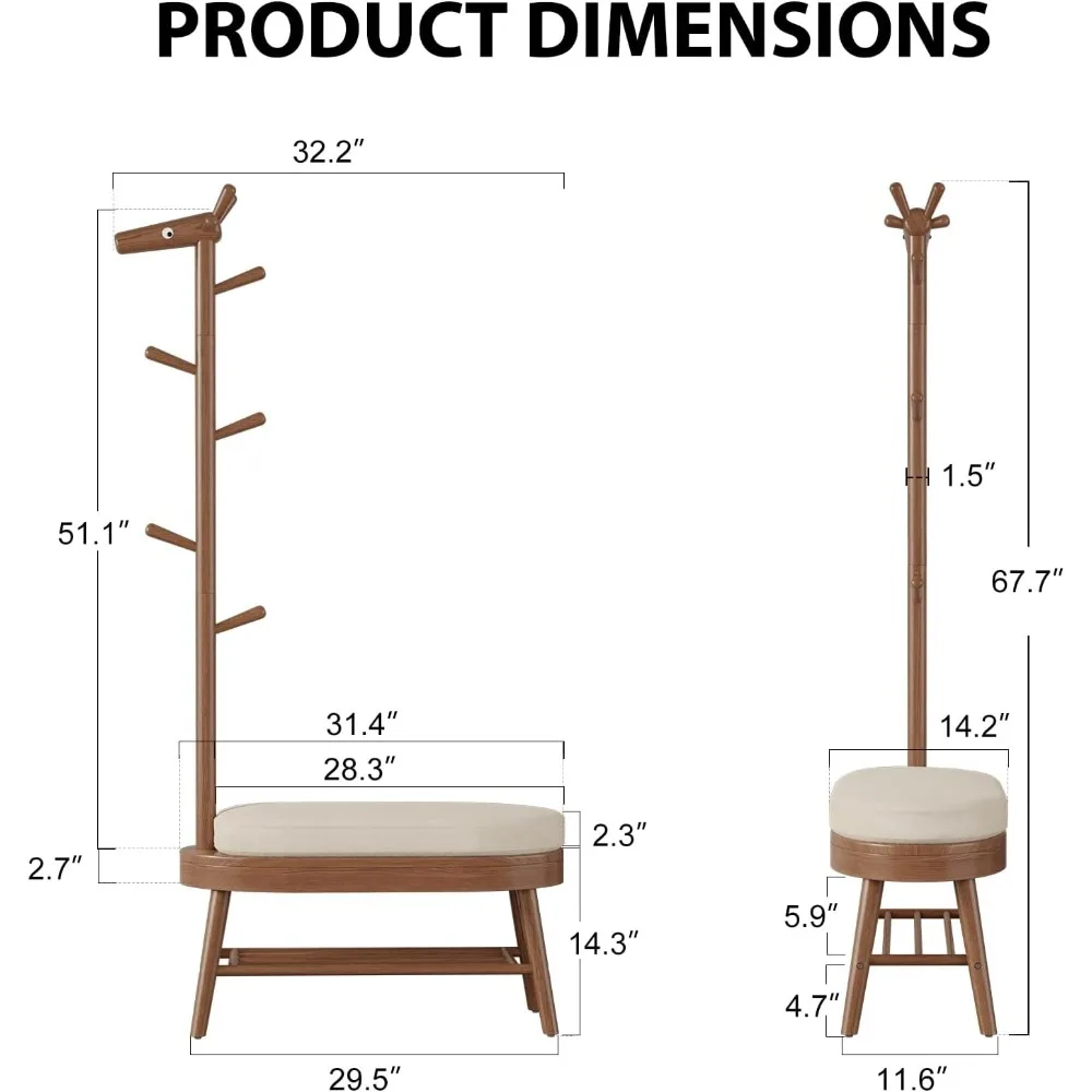 shoe bench entryway, coat rack with storage, coat rack and shoe rack, wooden narrow bench（walnut）