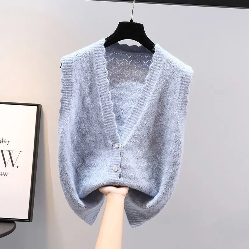 2022 Wave  V-neck Knit Sleeveless Sweater Short Vest Loose Spring Coat Tops Waistcoat Lady Top Cloth for Women girl  Green sweater hoodie Sweaters