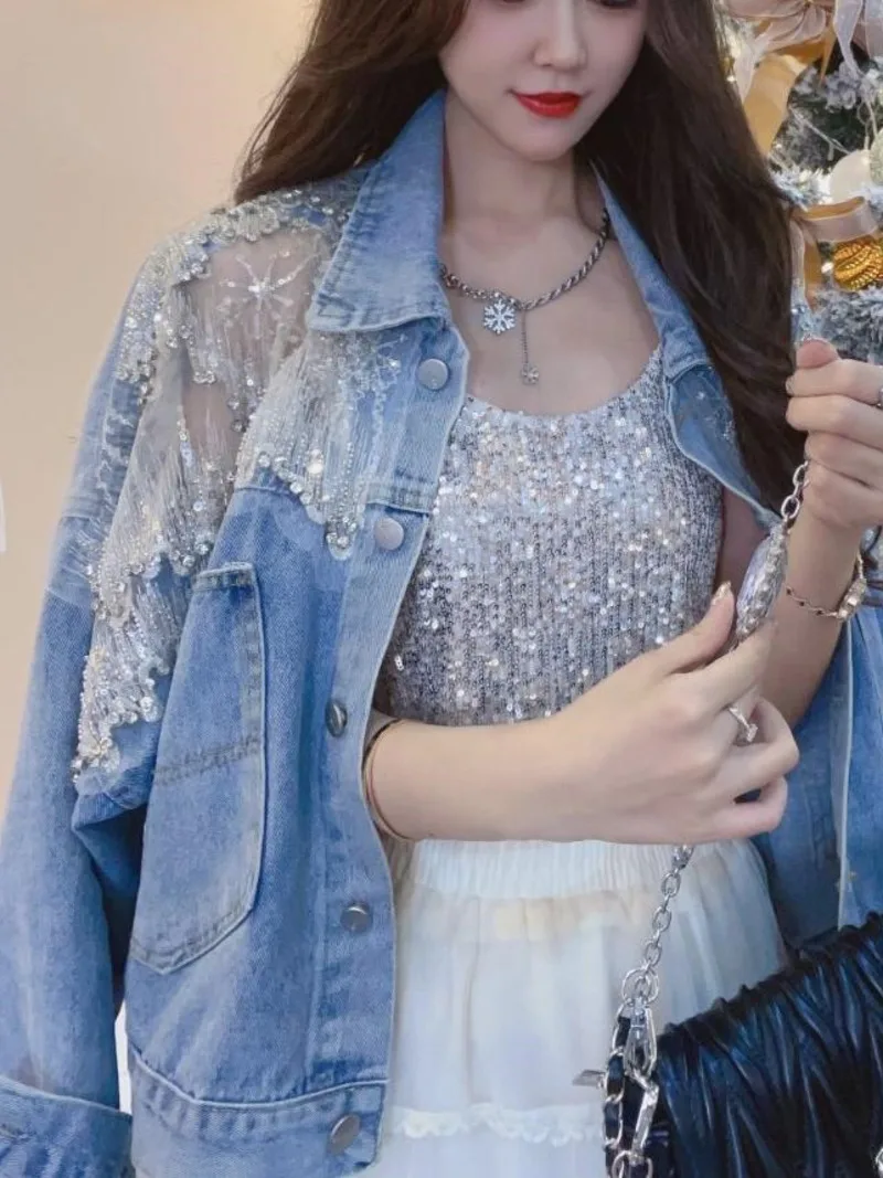 

Women Stitching Lace Embroidery Loose Diamond Studded Short Denim Jacket Ladies Sweet Korea Summer Spring 2023