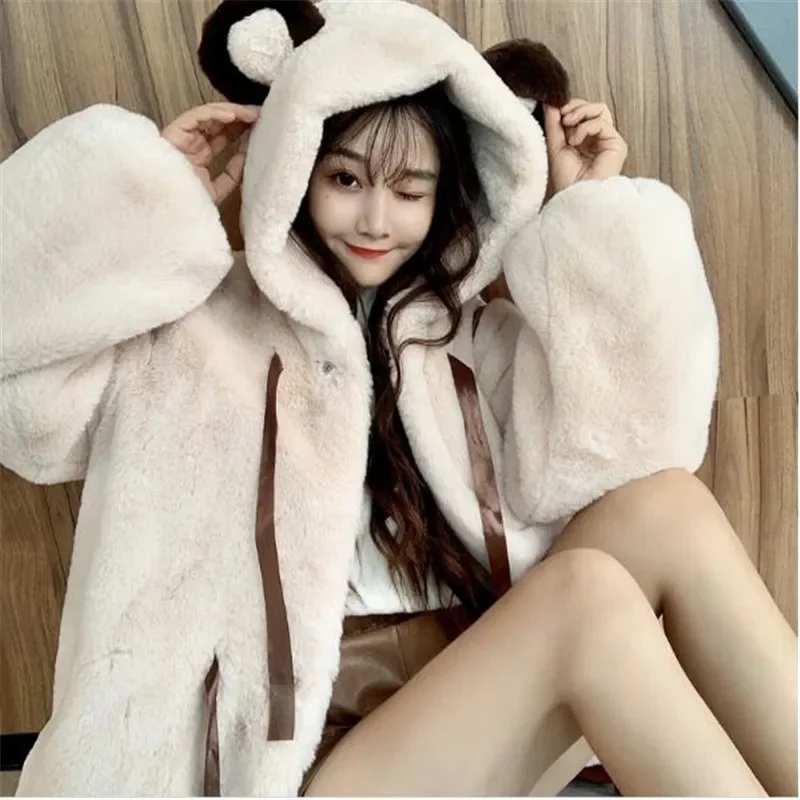 Korean Women Japanese Cute Lolita Faux Rabbit Fur Coats Winter Students Hooded Warm Kawaii Fur Jacket Furry Sweet Cotton Coat