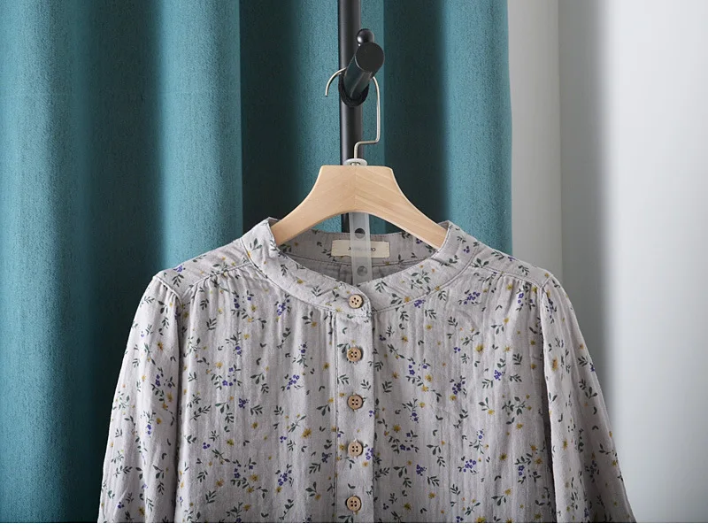 New Spring Cotton Yarn Versatile Shirt Women Stand Collar Tops Girl Short Sleeve Printed Literature Blouse 2024 Autumn T43501QC