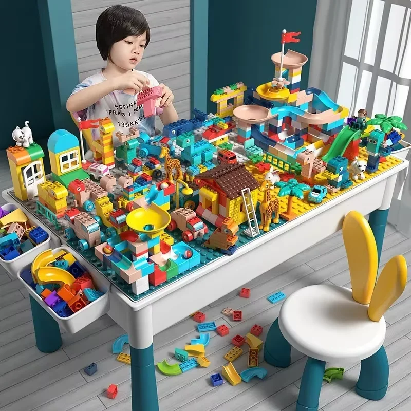 6-in-1 Multi-Purpose Double-Sided Children&rsquo;s Activity Table And Chair Set with Storage Toddler Building Blocks Educational Toys building block toys plastic furniture set
