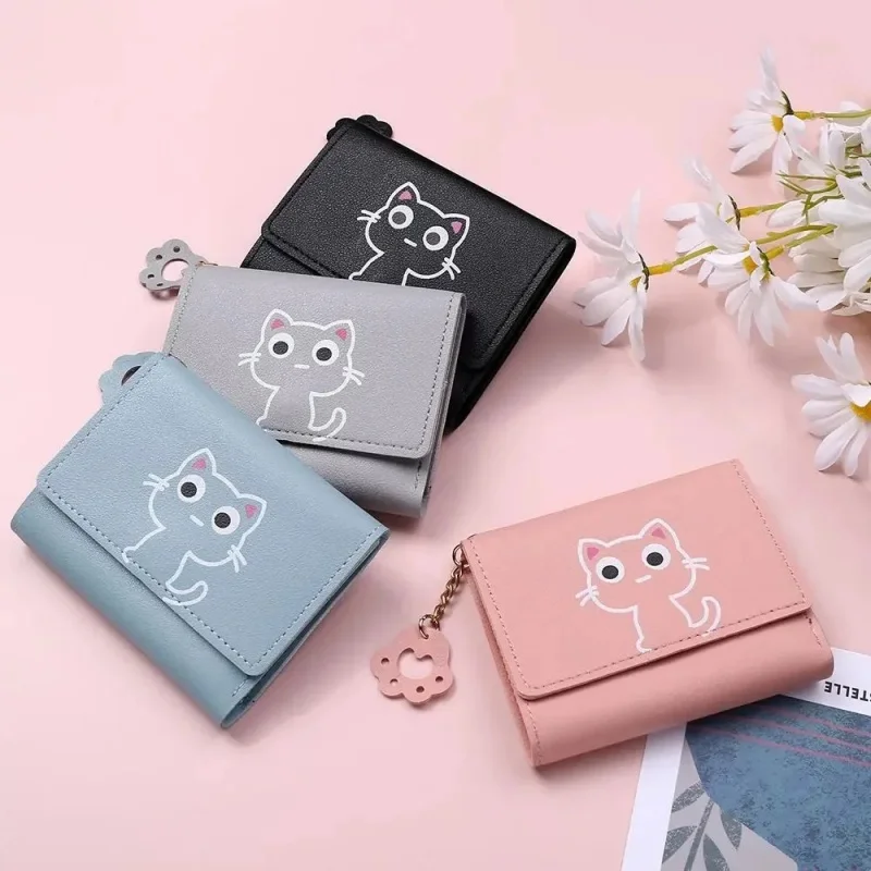 Women Wallet 1PC Cartoon Cat Print Women's Short Coin Wallet PU Three Fold Card Bag Portable Multi Card Slot Travel Wallet for Birthday Gifts