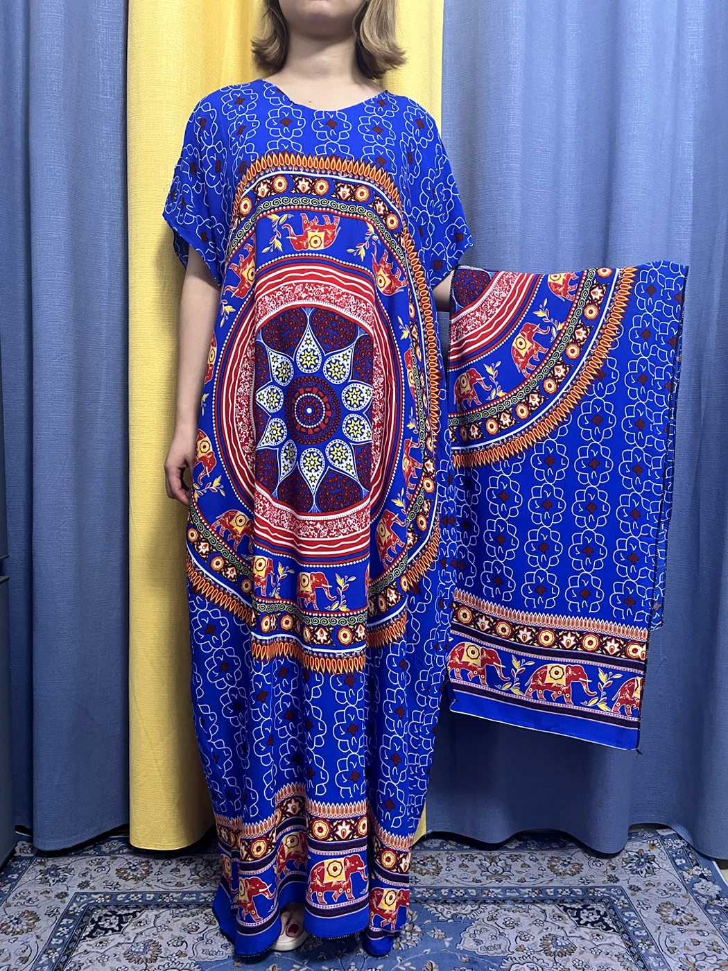 Abayas For Women 2023 Print Floral Cotton Farbric Short Sleeve Muslim Summer Loose Femme Robe African Islam Dresses With Turban