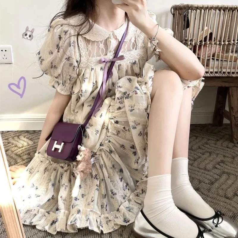 

NONSAR Sweet Wisteria Flower French Style Embroidery Floral Dress Women Summer Gentle Doll Collar Lace Bow Mini Kawaii Dress