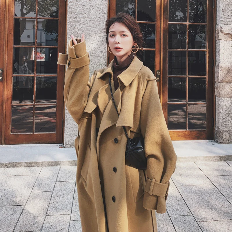 

Wool Coat Women's Middle And Long Knee Length 2023 Autumn Winter New Korean Loose Hepburn Thickened Cotton Cashmere Coat