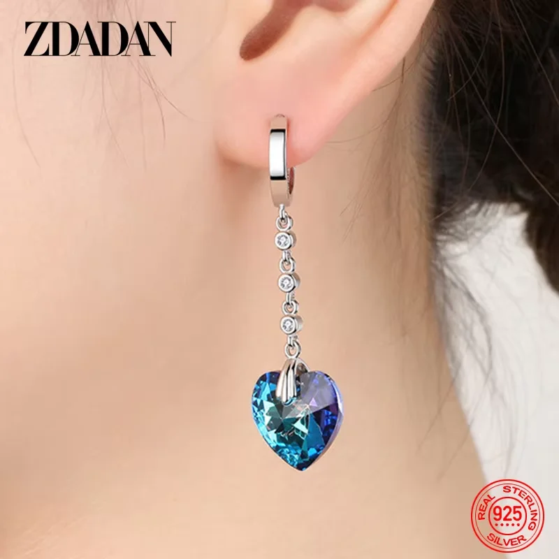 ZDADAN 925 Sterling Silber Herz-Ohrringe mit blauem Kristall für Frauen, Hochzeitsschmuck, Charm-Geschenk – Detail 3