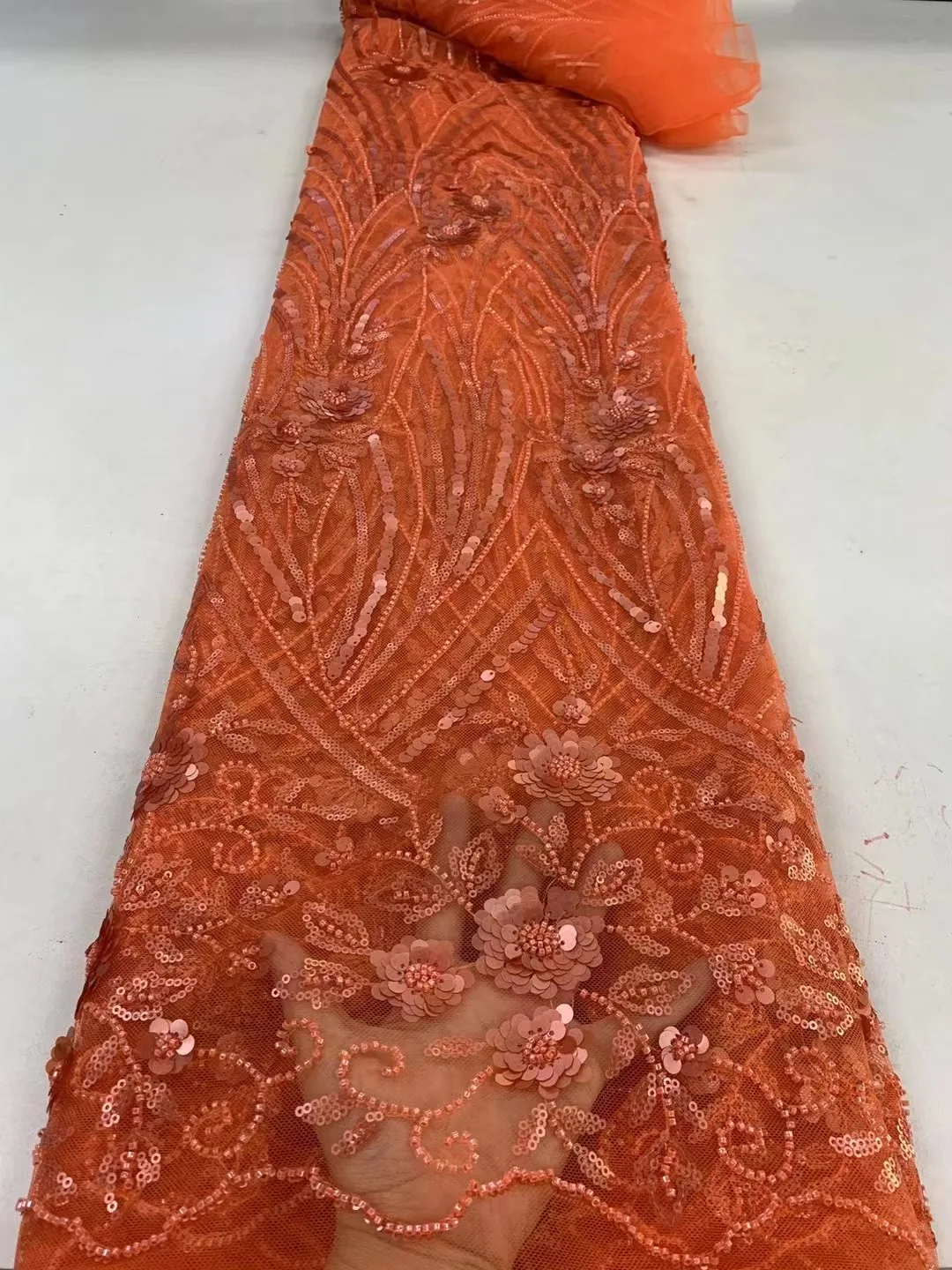 

Оранжевая 2023 модная французская сетчатая вышивка блестками кружевная ткань Африканская нигерийская кружевная ткань для свадебного платья