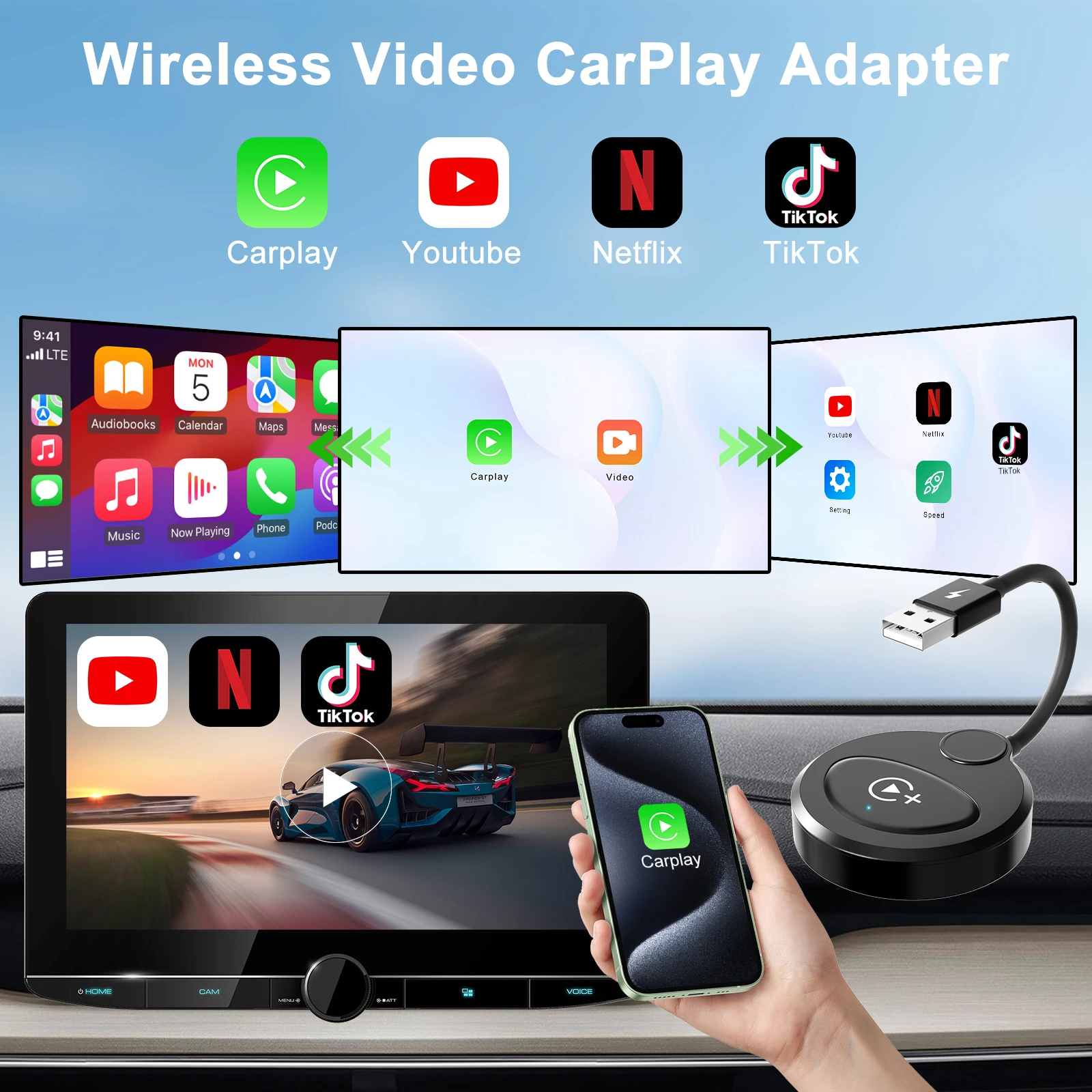 Nuovo Adattatore Per Auto Wireless, Dongle Carplay Wireless Apple, Plug Play Wifi Aggiornamento Online Adattatore Per Carplay Video Wireless Per Iphon
