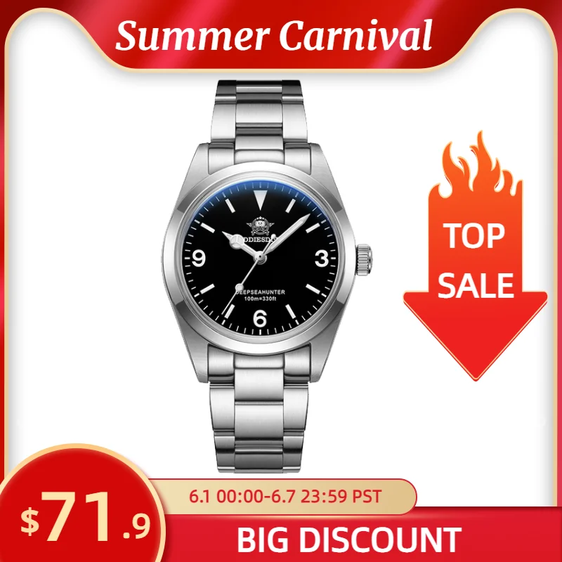ADDIESDIVE Luxury 36mm Quartz Watch Stainless Steel Sapphire 100m Waterproof BGW-9 Luminous Wristwatch Reloj Hombre