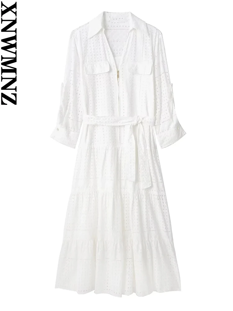 

XNWMNZ 2023 Women Fashion Belt Cutwork Embroidery Midi Dress Casual V-neck Long Sleeve Pocket Front Zipper Female Dresses