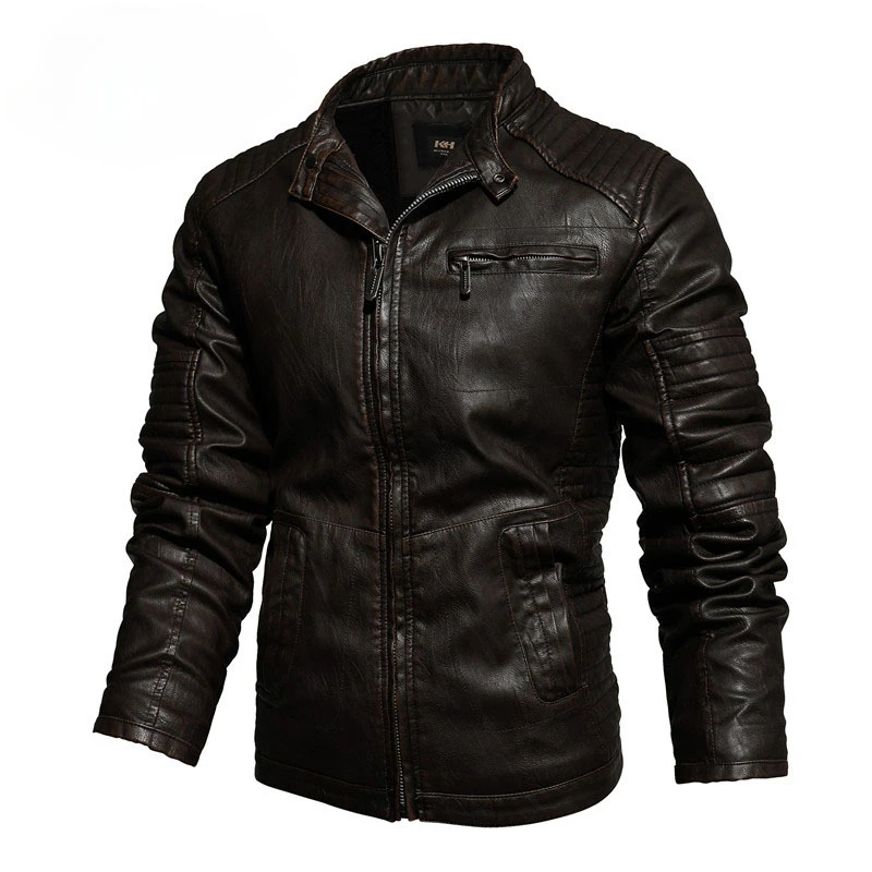2023 Winter Men Casual PU Leather Jacket Fashion Solid Color Imitation Leather Stand-up Collar Slim Fit Motorcycle Leather Coat