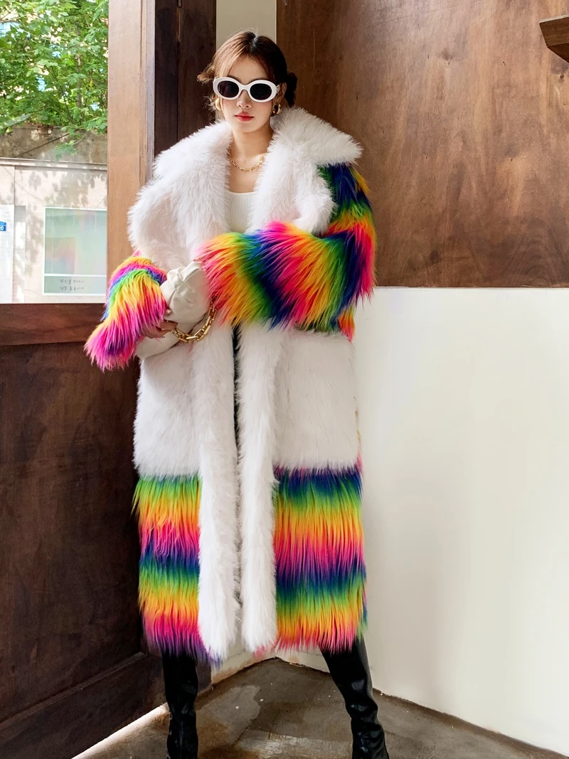 Rainbow Green Fur Long Loose Suit Lapel Furry Jacket Women's Lamb Fur Pocket Coat Cotton Padded Thick Long Sleeved Windbreaker