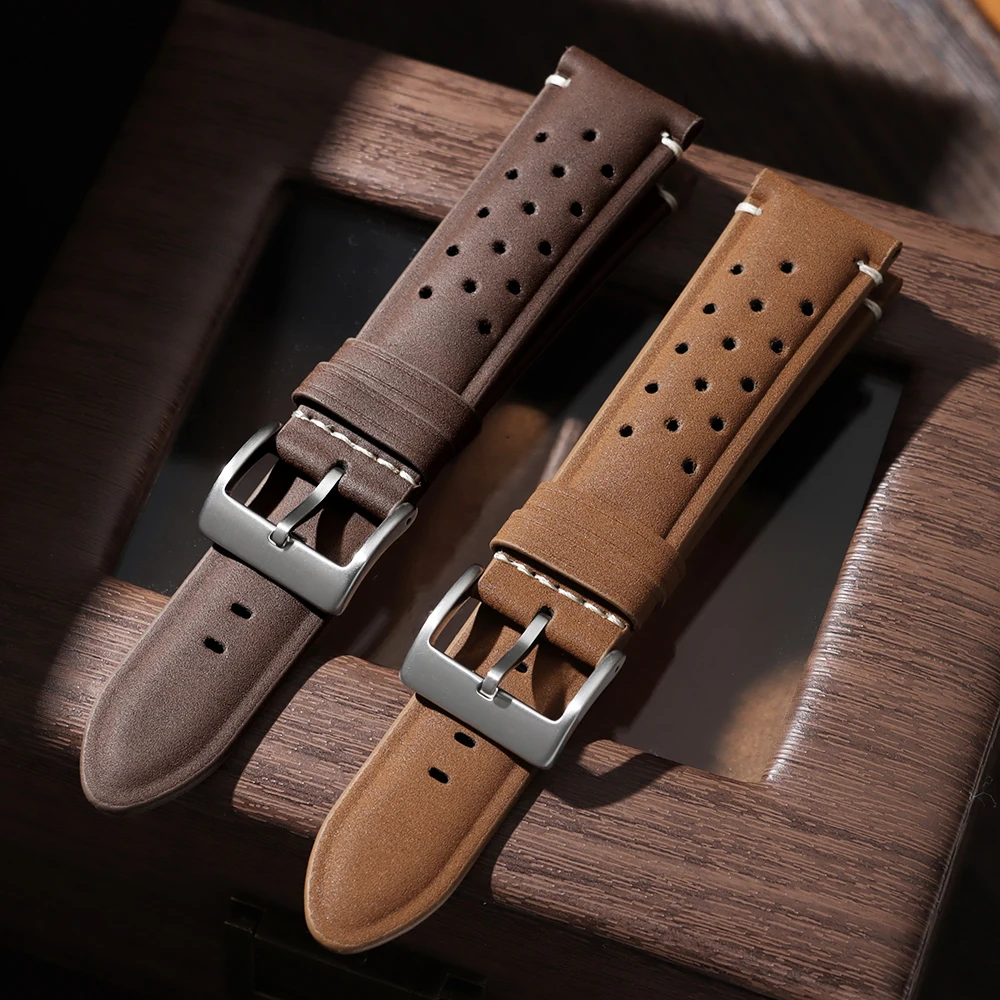 Vintage Matte Leather Racing Watch Straps - Gray, Black, Brown Porous and Breathable Men’s Watchband