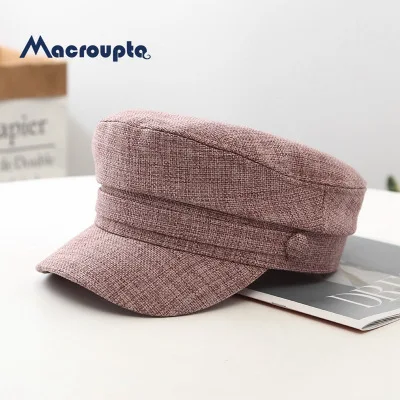 Women Military Hat Flat Cap Spring Autumn Linen Octagonal Solid Color