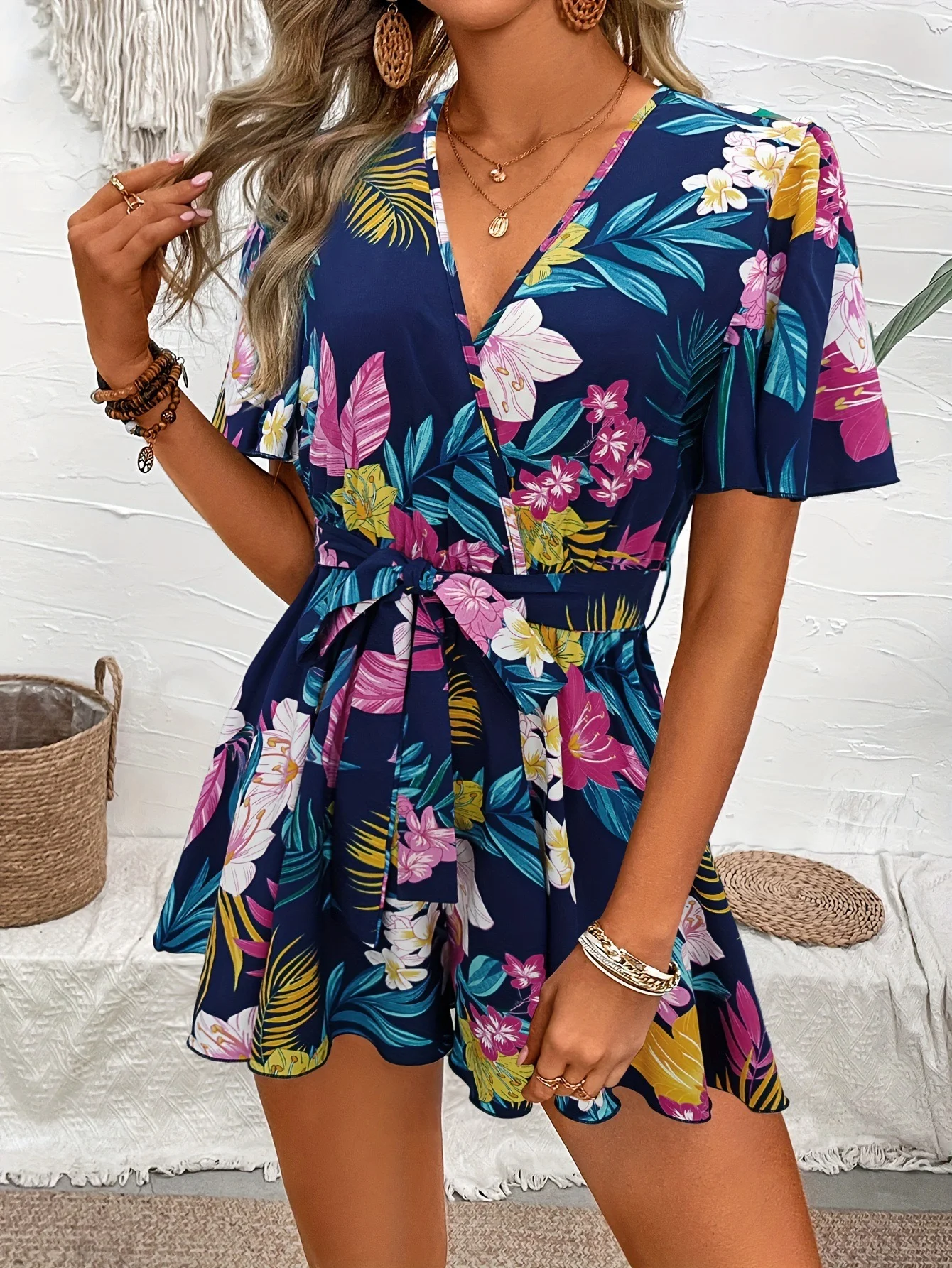 V-ausschnitt Gedruckt Kurzarm Overall Frauen Lose Hohe Taille Overall Strand Urlaub Bequeme Sommer Kleidung
