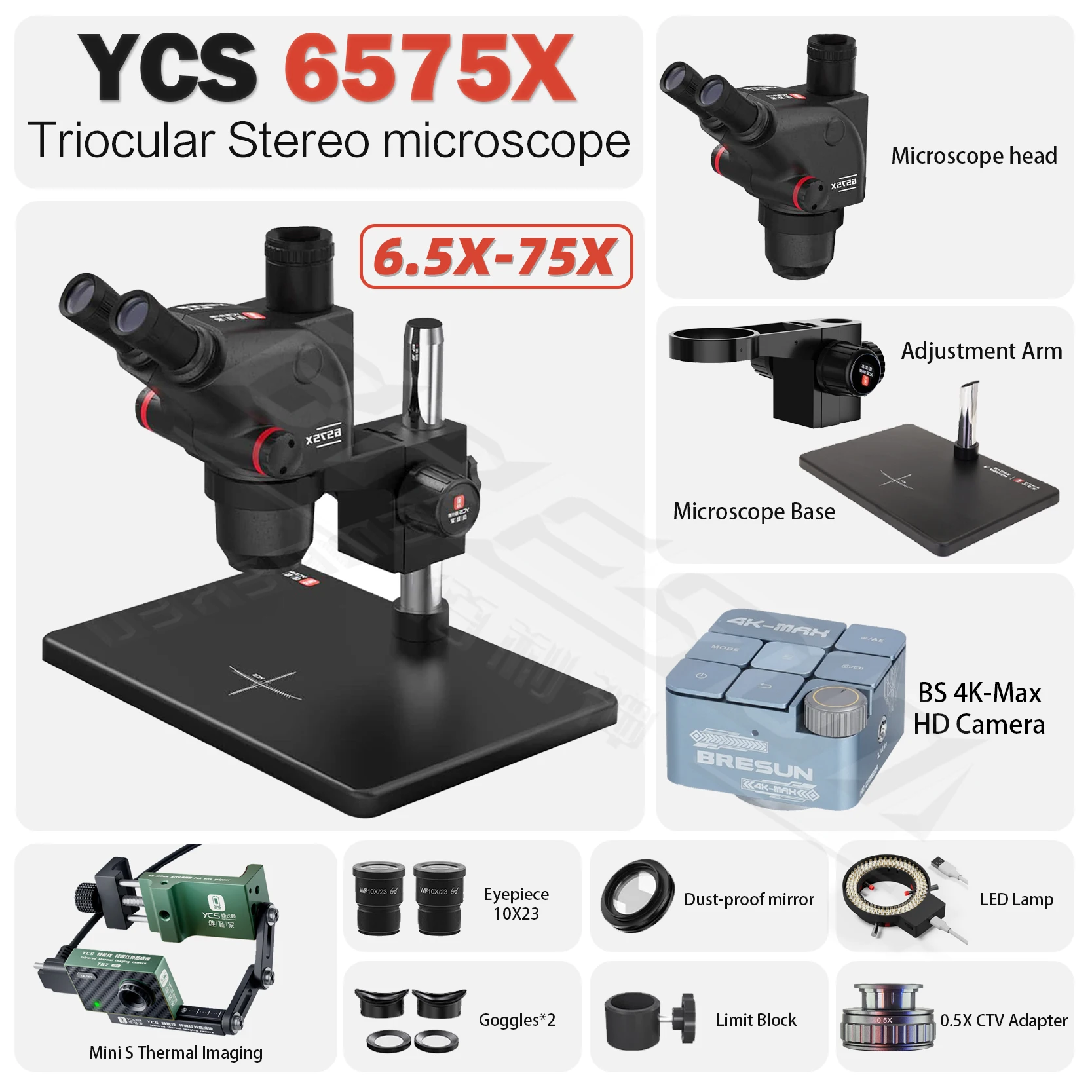 YCS 6575X 울트라 HD 삼안 현미경 (휴대폰 용 대형베이스 포함) PCB 용접 현미경 4K 카메라 144 LED 조명 도구 세트 키트