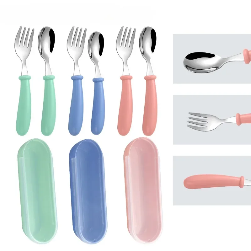 

Новая простая детская ложка и вилка из нержавеющей стали 304, 2 предмета, коробка для хранения, уличный портативный комплект детской посуды
