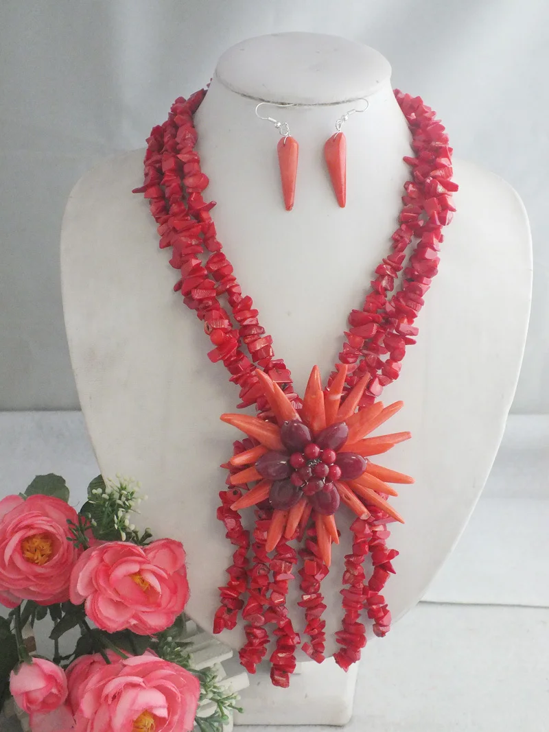 

charm Latest Design Nigerian Wedding African Beads Jewelry Set Handmade Coral Necklace Set
