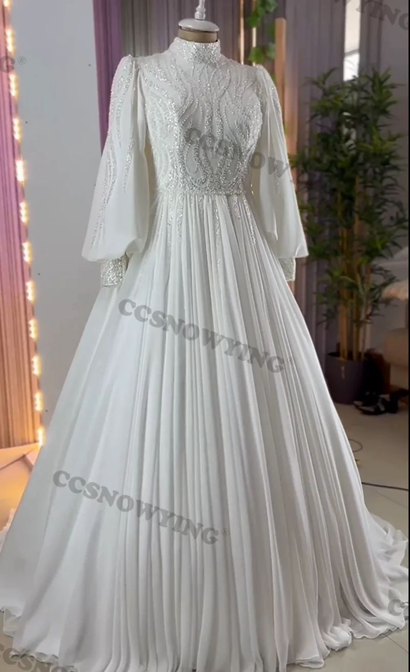 

Роскошное шифоновое мусульманское свадебное платье с жемчугом для невесты женское свадебное платье с высоким воротником хиджаб платье для свадебного торжества