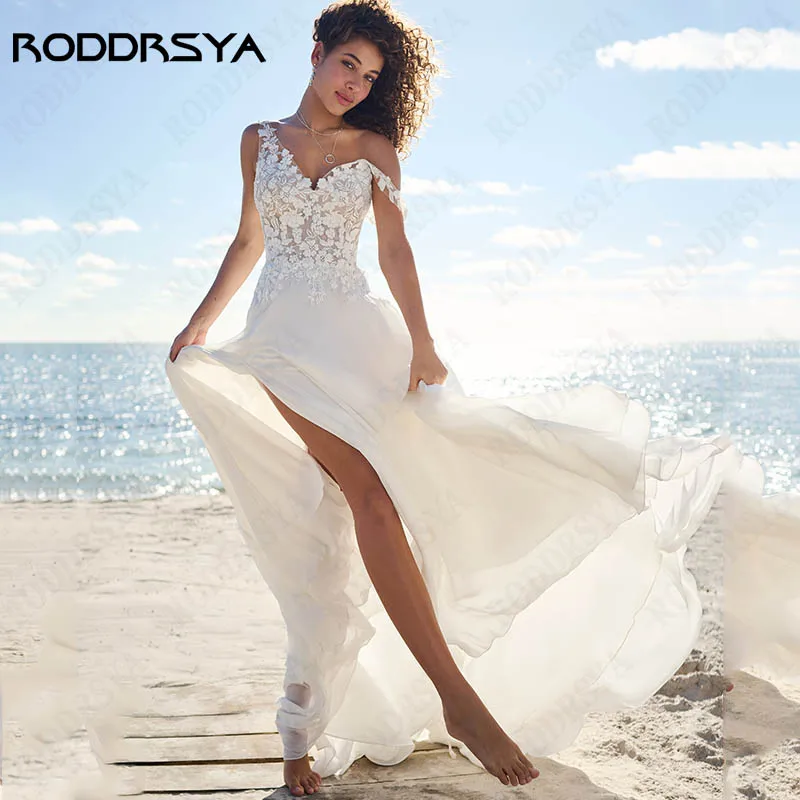 

RODDRSYA V-Neck Appliques Beach Bridal Gowns Open Back Split Wedding Dresses Spagehtti Straps A-Line Tulle Robe De Mariée Bohème