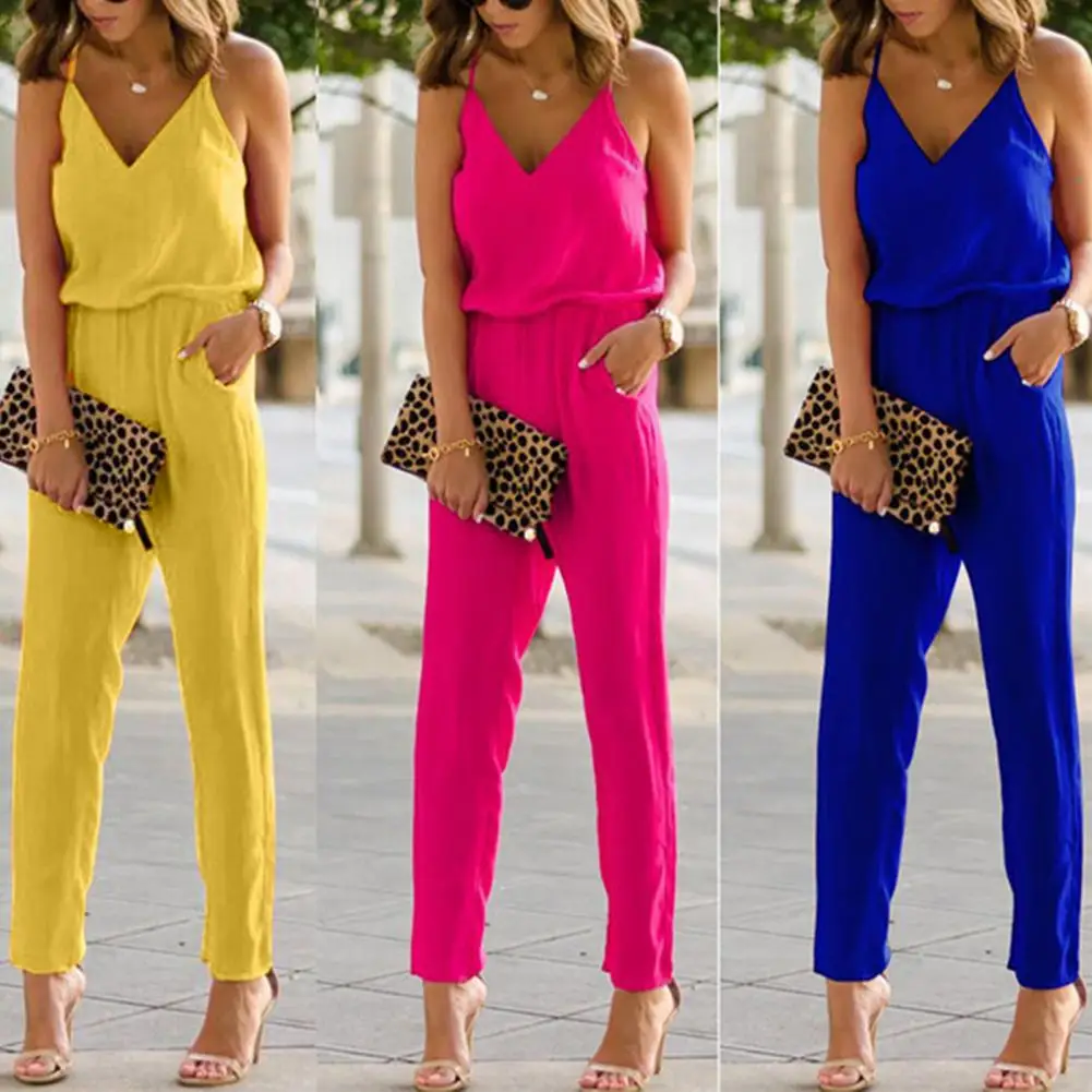 

V-neck Sleeveless Elastic Waistband Pockets Women Jumpsuit Summer Spaghetti Straps Long Pants Jumpsuit