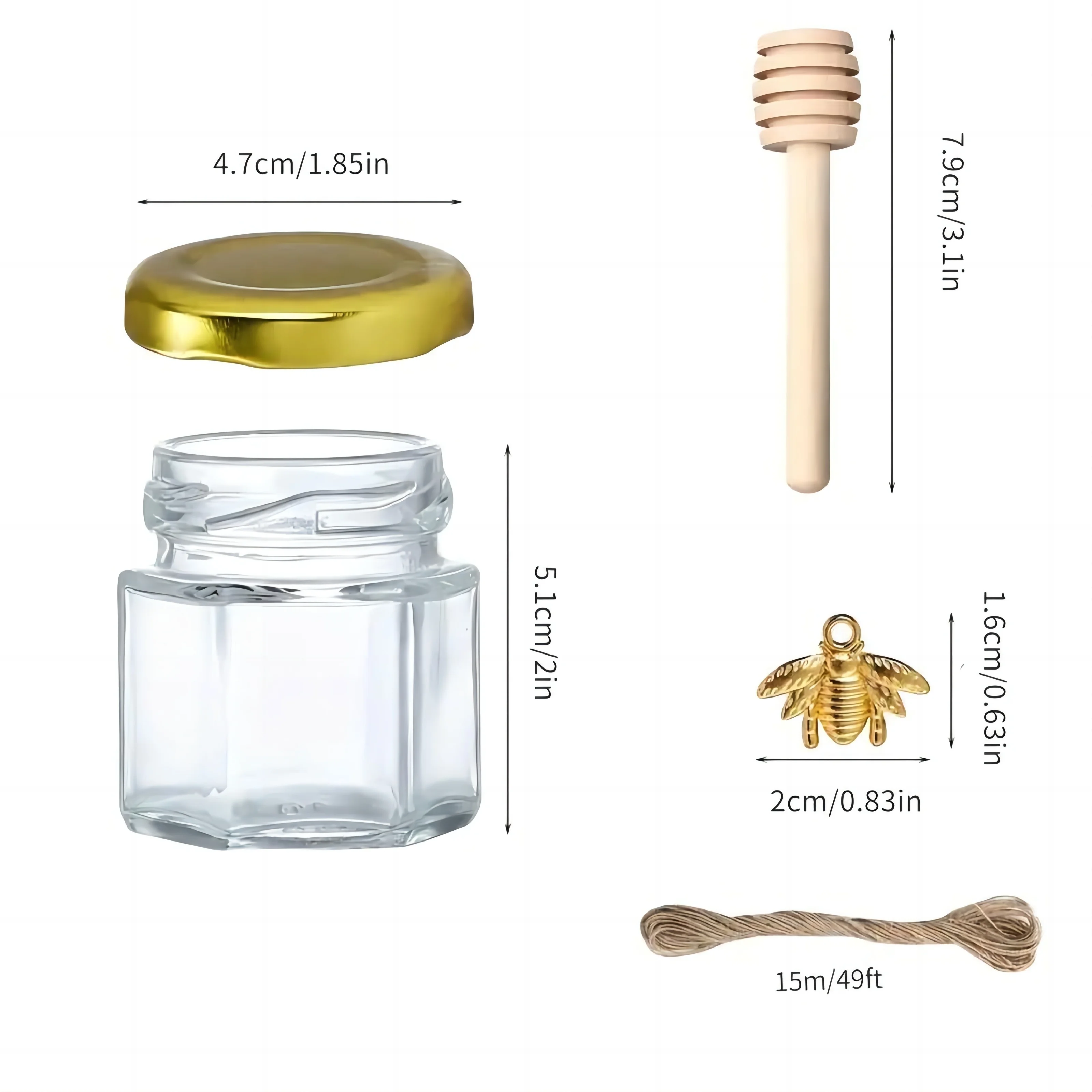 1.5 Oz Hexagon Mini Glass Honey Jars With Wood Dipper, Bee Pendants And Jutes, For Baby Shower, Wedding Favors, Party Favors 2