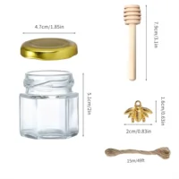 1.5 Oz Hexagon Mini Glass Honey Jars With Wood Dipper, Bee Pendants And Jutes, For Baby Shower, Wedding Favors, Party Favors 2