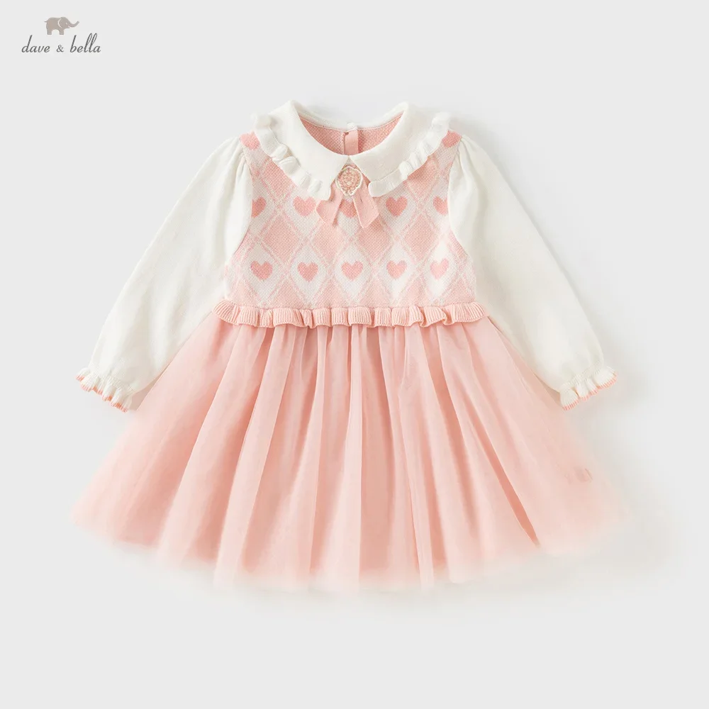 ديف بيلا الأطفال سترة فستان الخريف لطيف الحلو لطيف الفتاة طفل الحب طباعة الوردي فستان شبكي حفلة في الهواء الطلق DB3253507