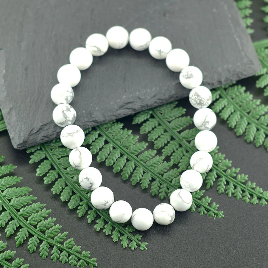 Braccialetto Elasticizzato In Howlite Naturale Con Croce E Strass - 8 Mm, Lunghezza 19,1 Cm, Unisex, Regalo Alla Moda