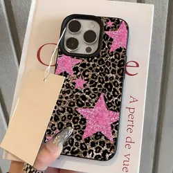 Retro Leopard Print Pink Star Shockproof Lychee Soft Phone Case - iPhone 17 Pro (Black)