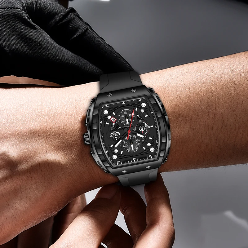 LIGE Creative Black Silicone Watch For Men Military Sports Waterproof Luminous Men's Quartz Wristwatches Square Chronograph Male