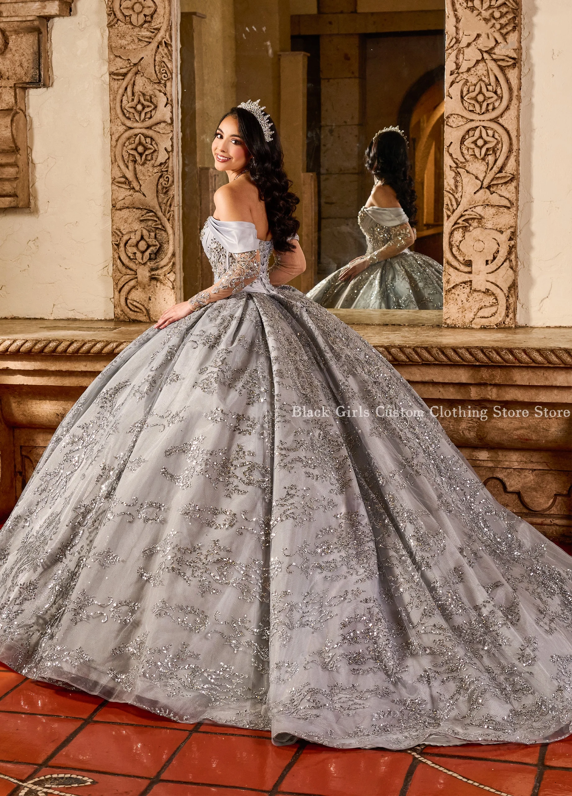 Shiny Silver Ball Gowns Quincea&ntilde;era One Shoulder Crystal Beaded Applique Customised