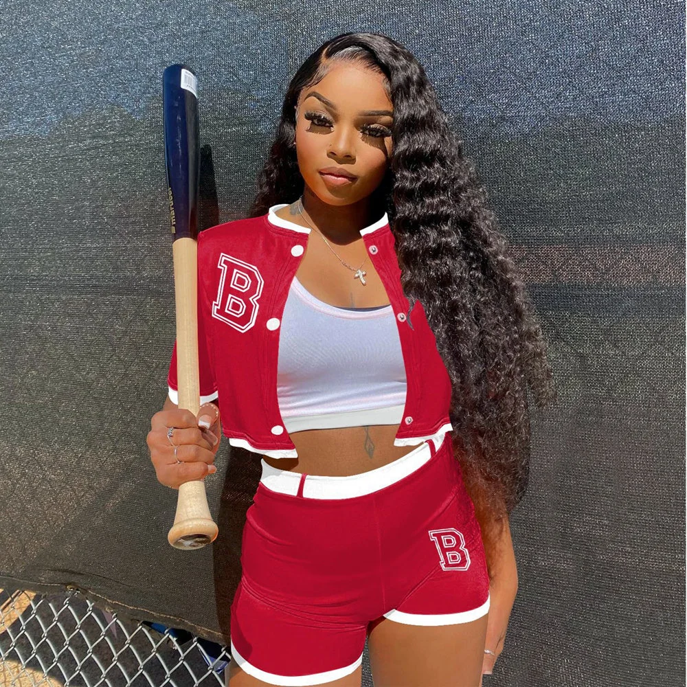 FAGADOER Letter Print Shorts Sets Sporty 2 Piece Sets Women Outfit Short Sleeve Baseball Top Shorts Summer Casual Streetwear
