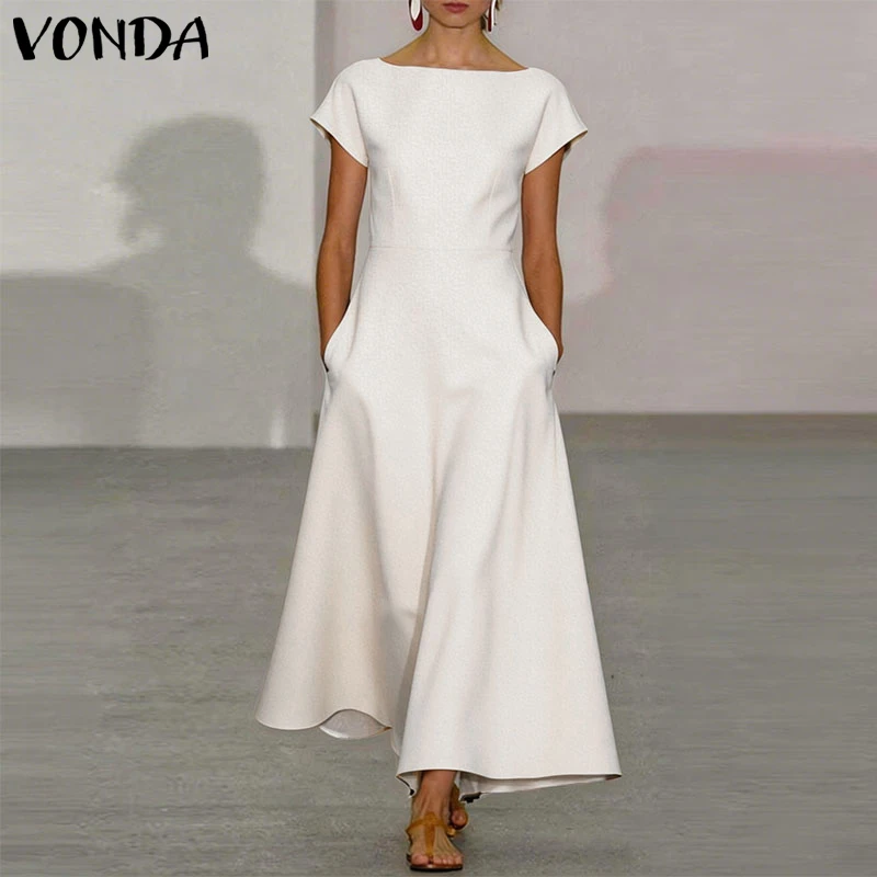 VONDA Elegant Party Women Dress A-line Summer Short Sleeve Long Maxi Dresses OL Work Casual Streetwear Solid Color Vestidos 1