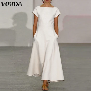 VONDA Elegant Party Women Dress A-line Summer Short Sleeve Long Maxi Dresses OL Work Casual Streetwear Solid Color Vestidos 1