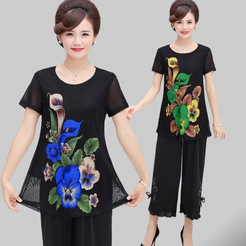 

Новая летняя одежда для женщин среднего и пожилого возраста свободная футболка с коротким рукавом с принтом свободная одежда костюм из двух предметов A968